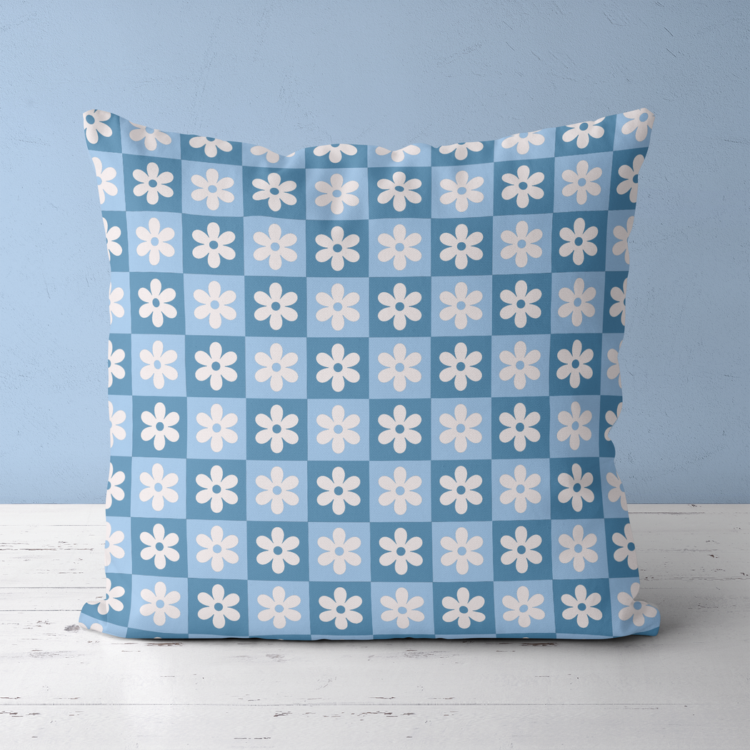 Blue Checkboard with Flowers Pattern Throw Pillow