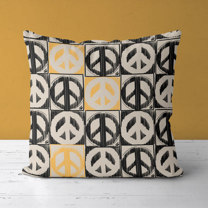 Checkboard with Handdrawn Peace Symbol Throw Pillow