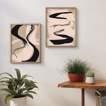 Set of 2 Swirl Black Brushstrokes Art Posters