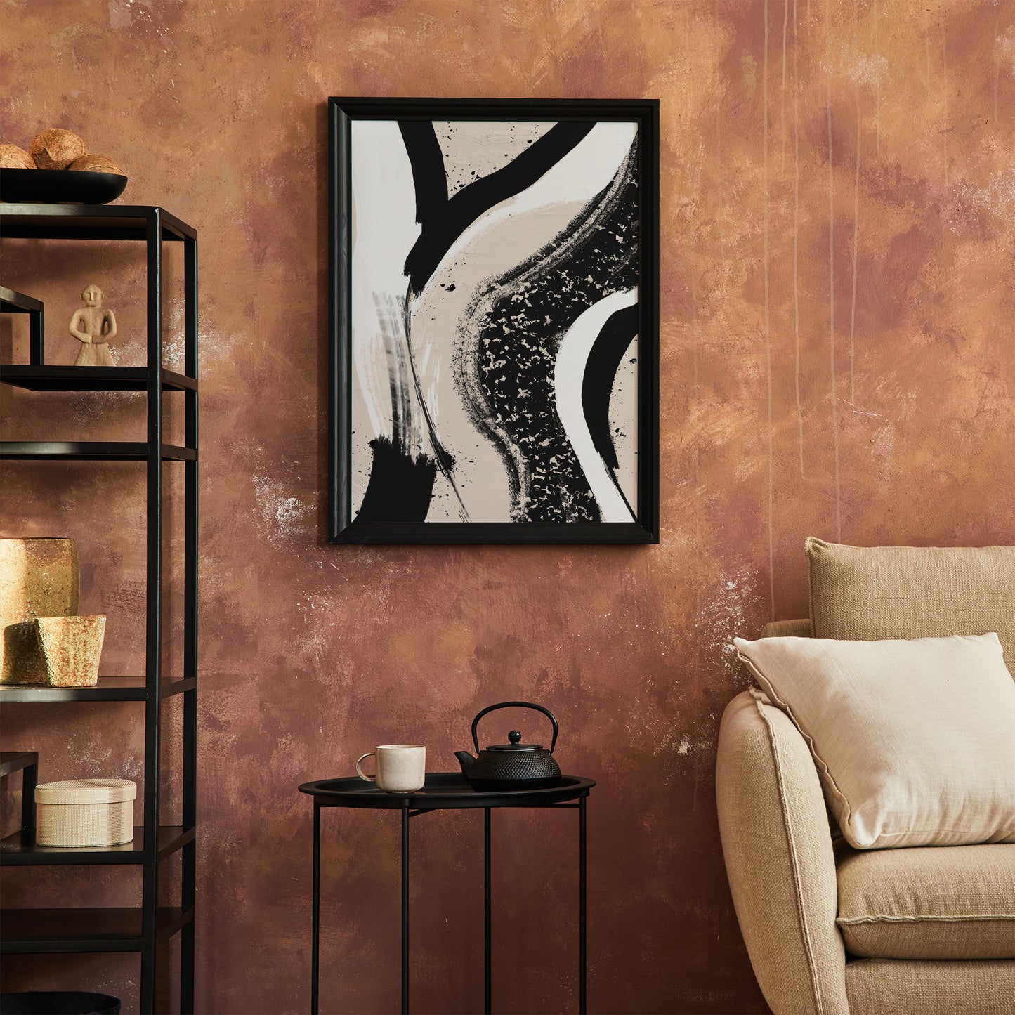 Abstract Modern Beige Black Painting Print