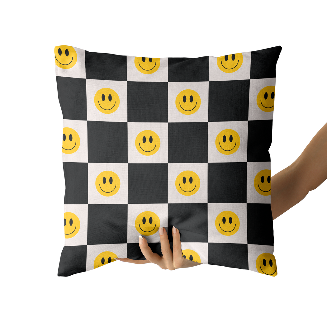 Black Retro Checkboard with Faces Throw Pillow
