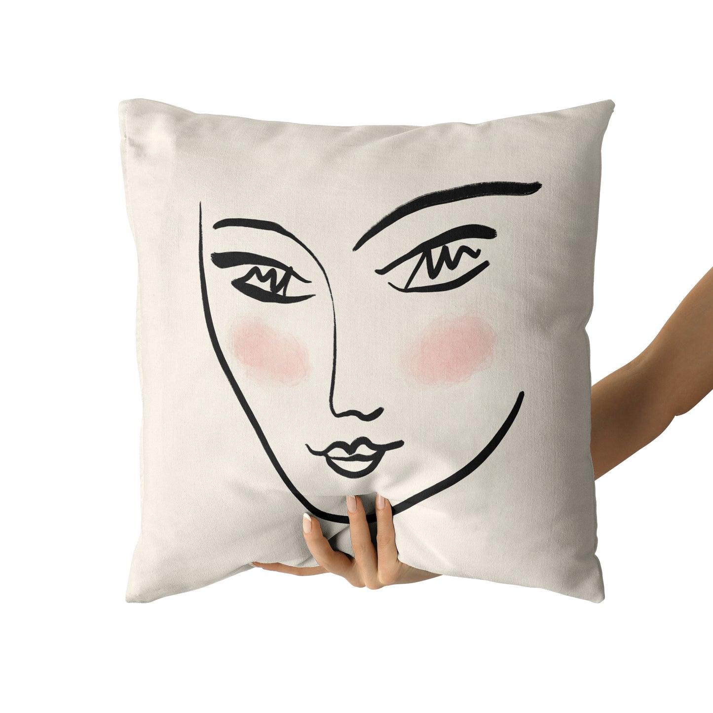 Beige Throw Pillow with Line Art Woman Face