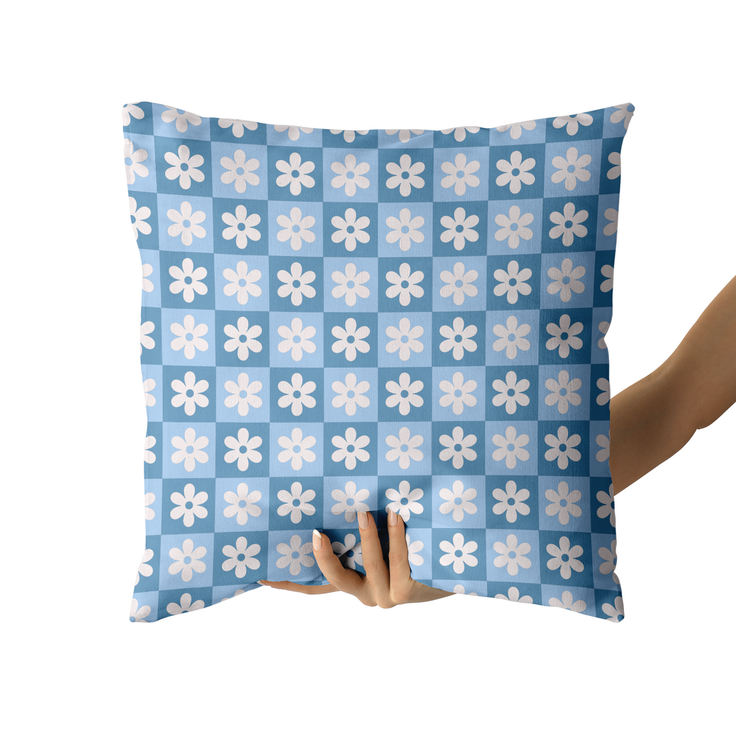 Blue Checkboard with Flowers Pattern Throw Pillow