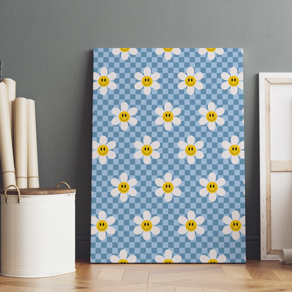 Blue Checkered Happy Daisies Canvas Print