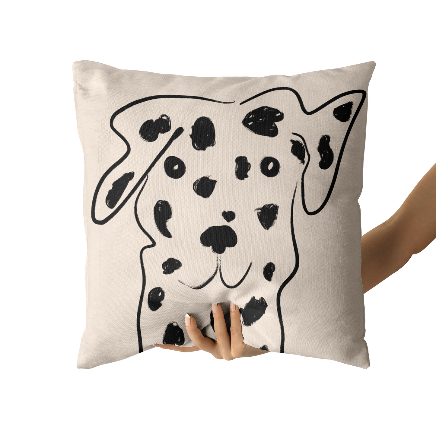 Dalmatian Dog, Black Line Art, Beige Throw Pillow