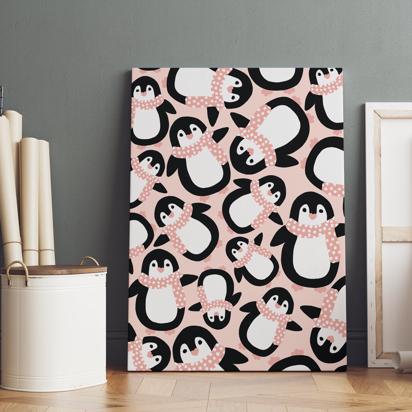 Cute Pink Little Pinguins Nursery Decor Canvas Print
