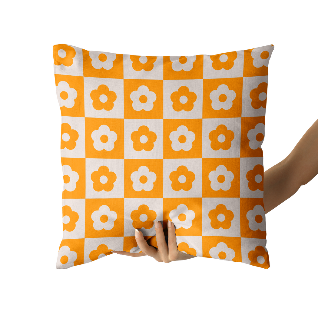 Yellow Checkboard with Flowers Retro Throw Pillow