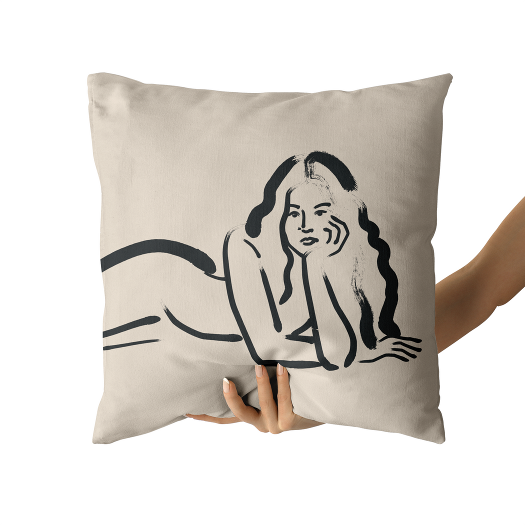 Line Art Woman Beige Minimalist Throw Pillow