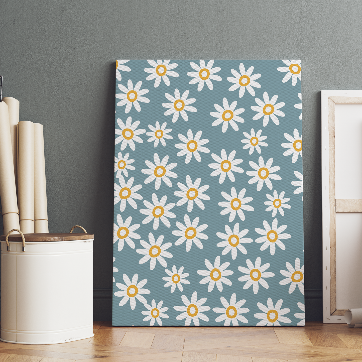 White Daisies on Blue Background Canvas Print