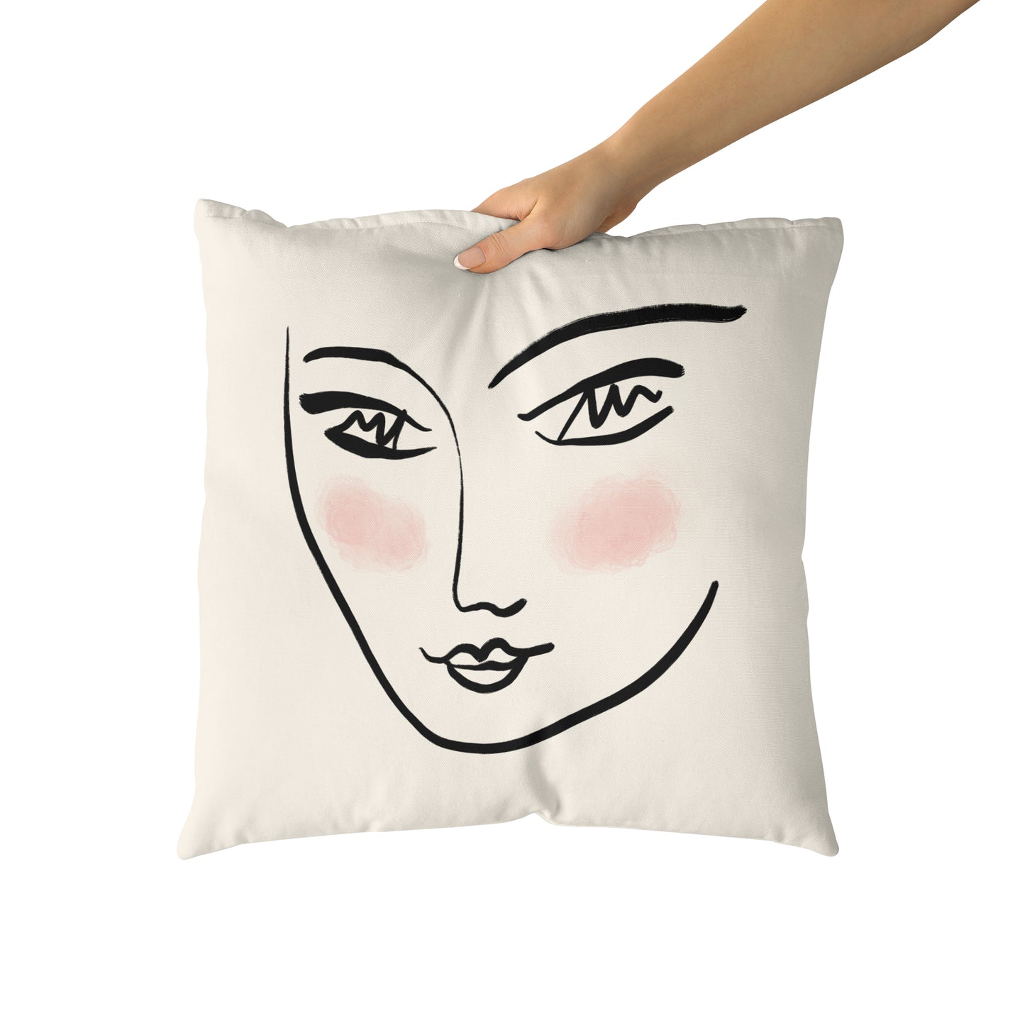 Beige Throw Pillow with Line Art Woman Face