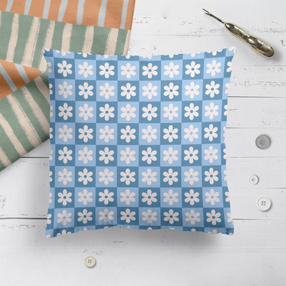 Blue Checkboard with Flowers Pattern Throw Pillow