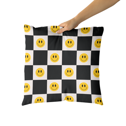 Black Retro Checkboard with Faces Throw Pillow