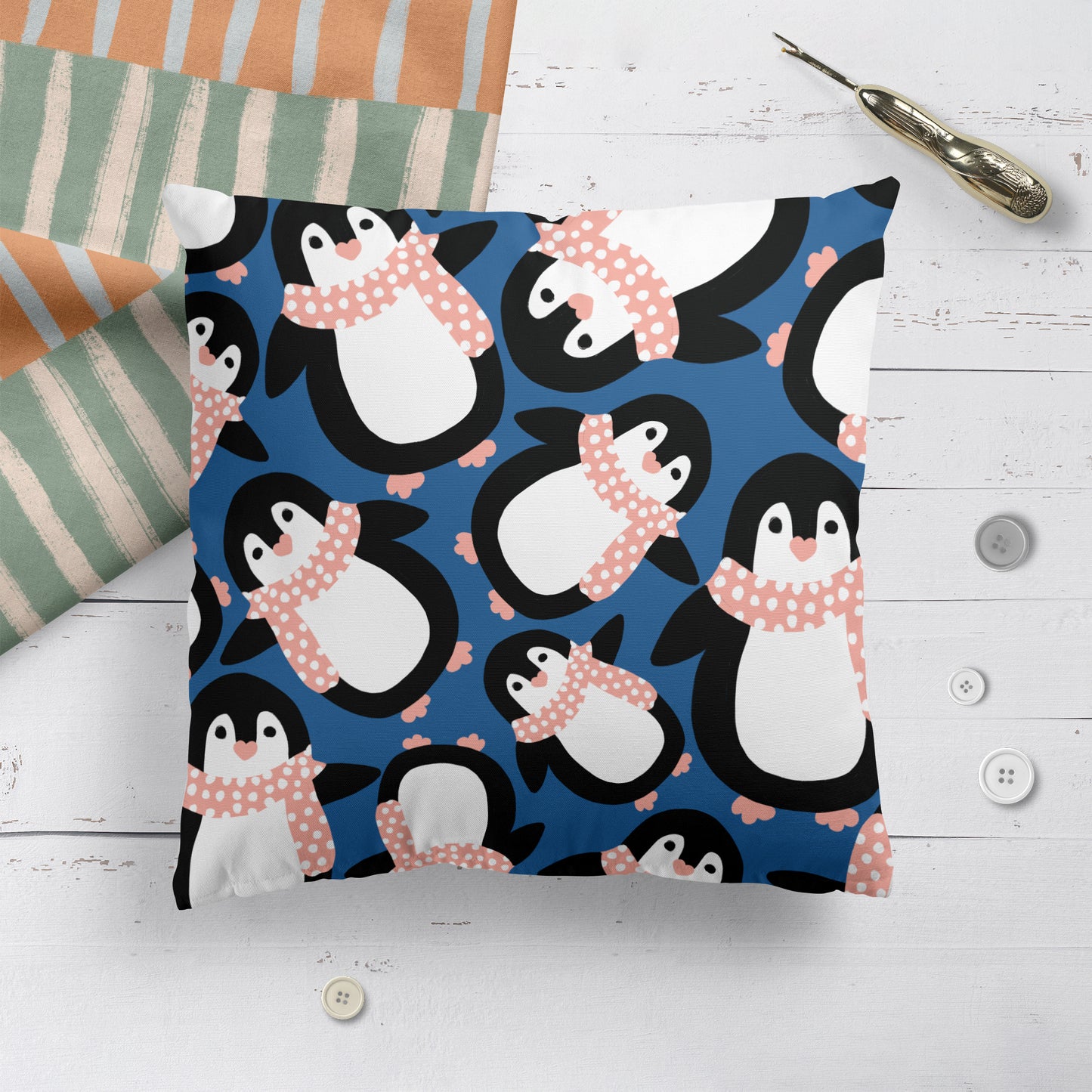 Cute Blue Penguins Pattern Kids Room Decor Throw Pillow