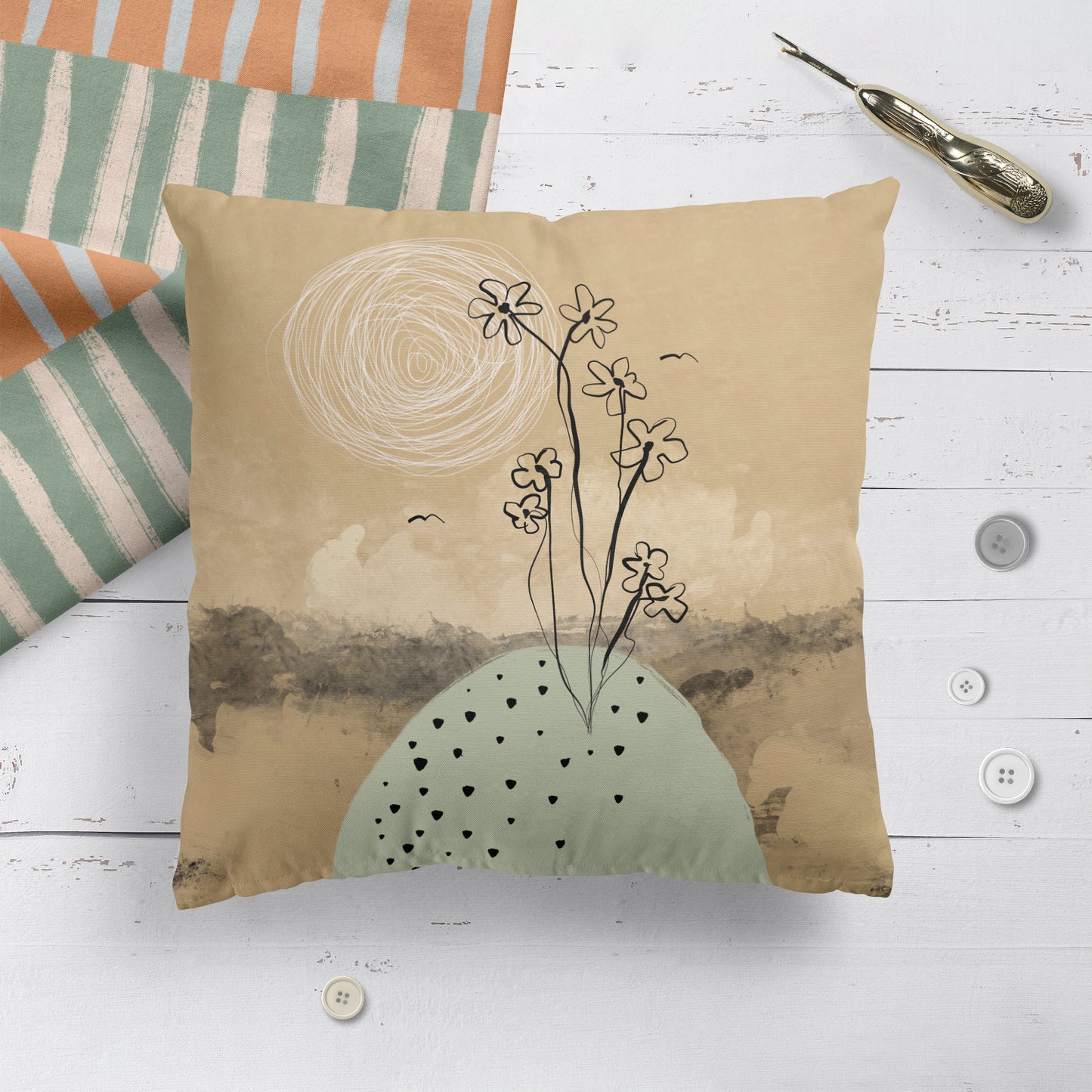 Throw Pillow with Hand painted Illustration