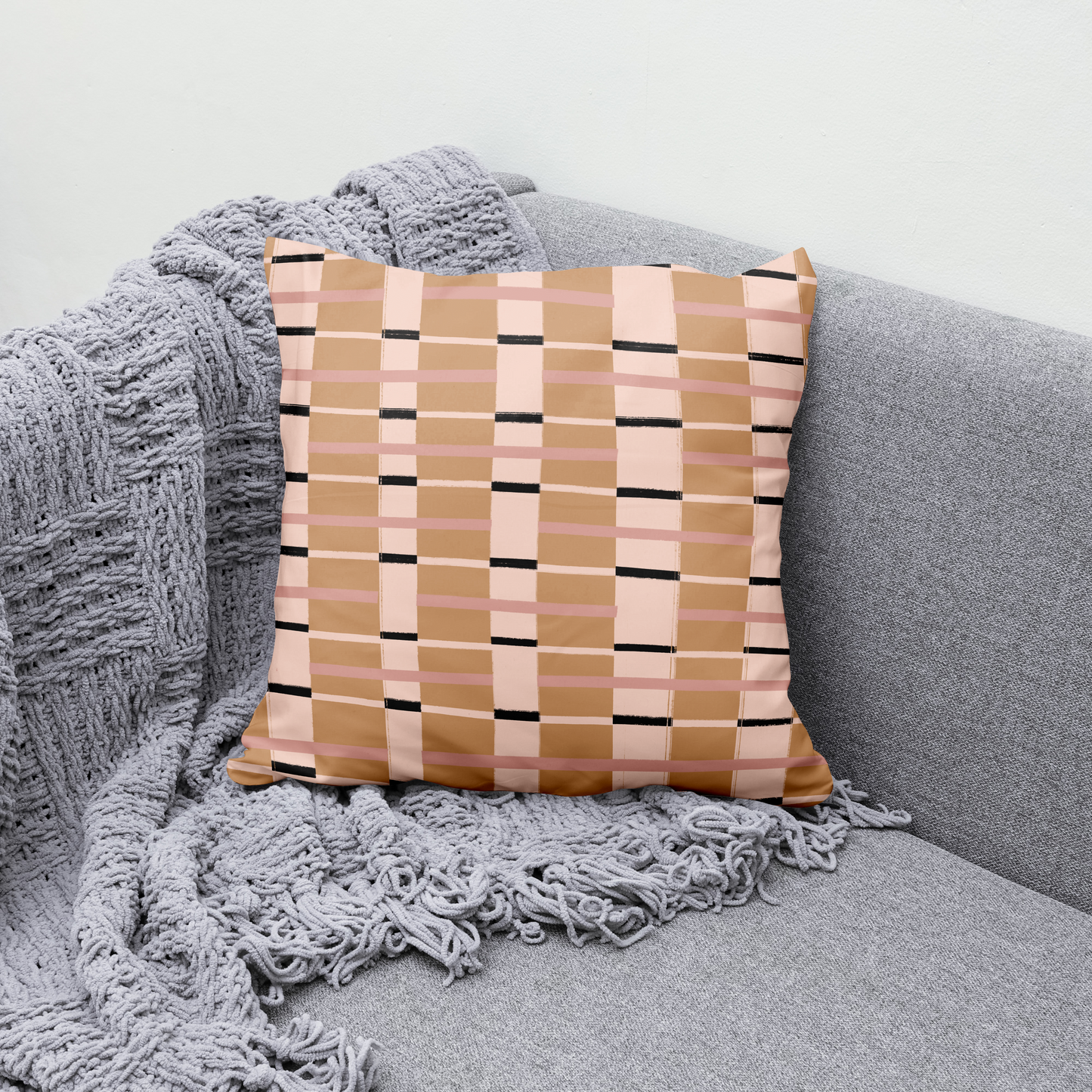 Modern Pink Beige Line Art Throw Pillow