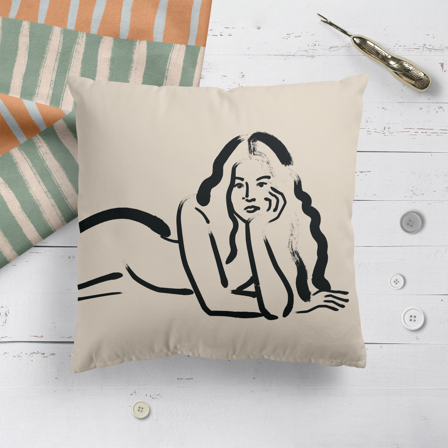 Line Art Woman Beige Minimalist Throw Pillow