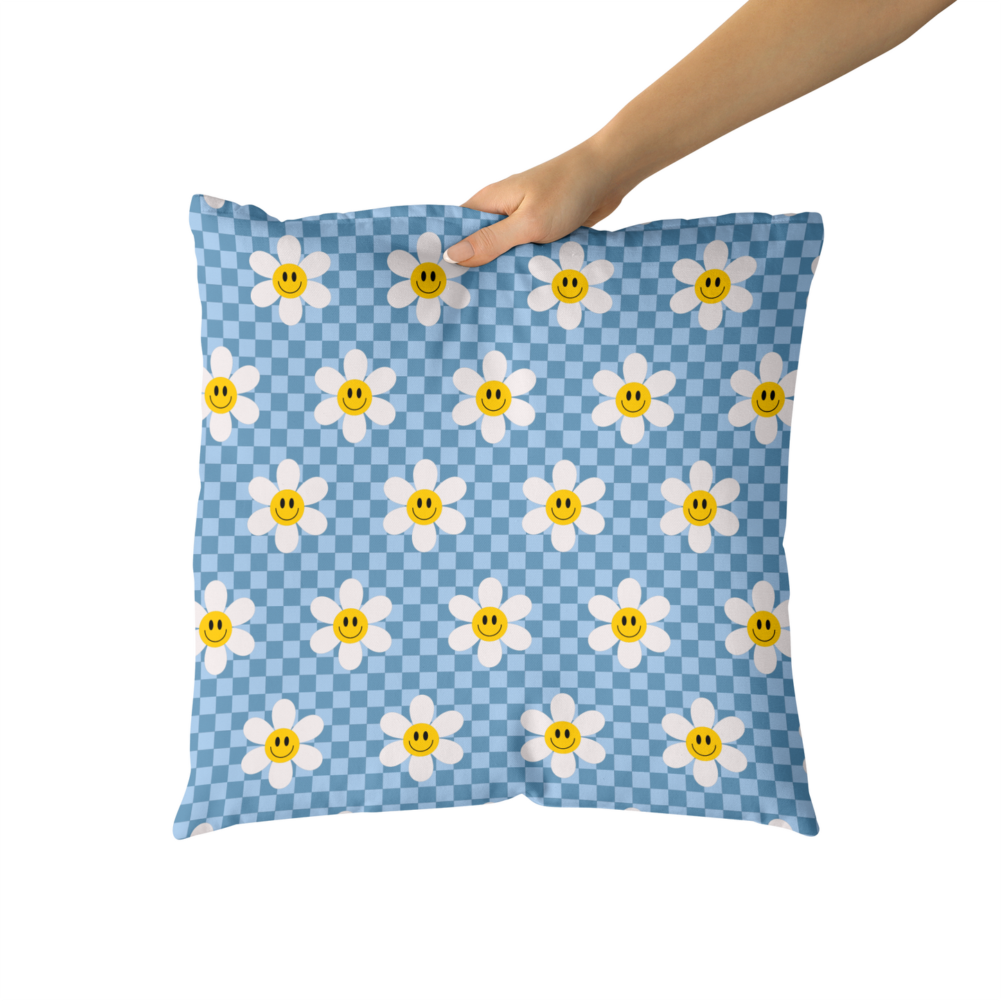 Happy Daisies on Blue Checkboard Throw Pillow