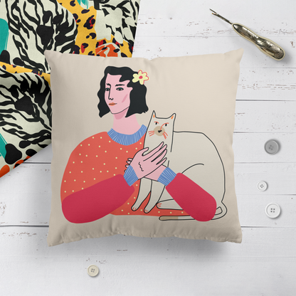 Woman with a Cat Throw Pillow