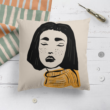 Yawning Girl Handdrawn Throw Pillow