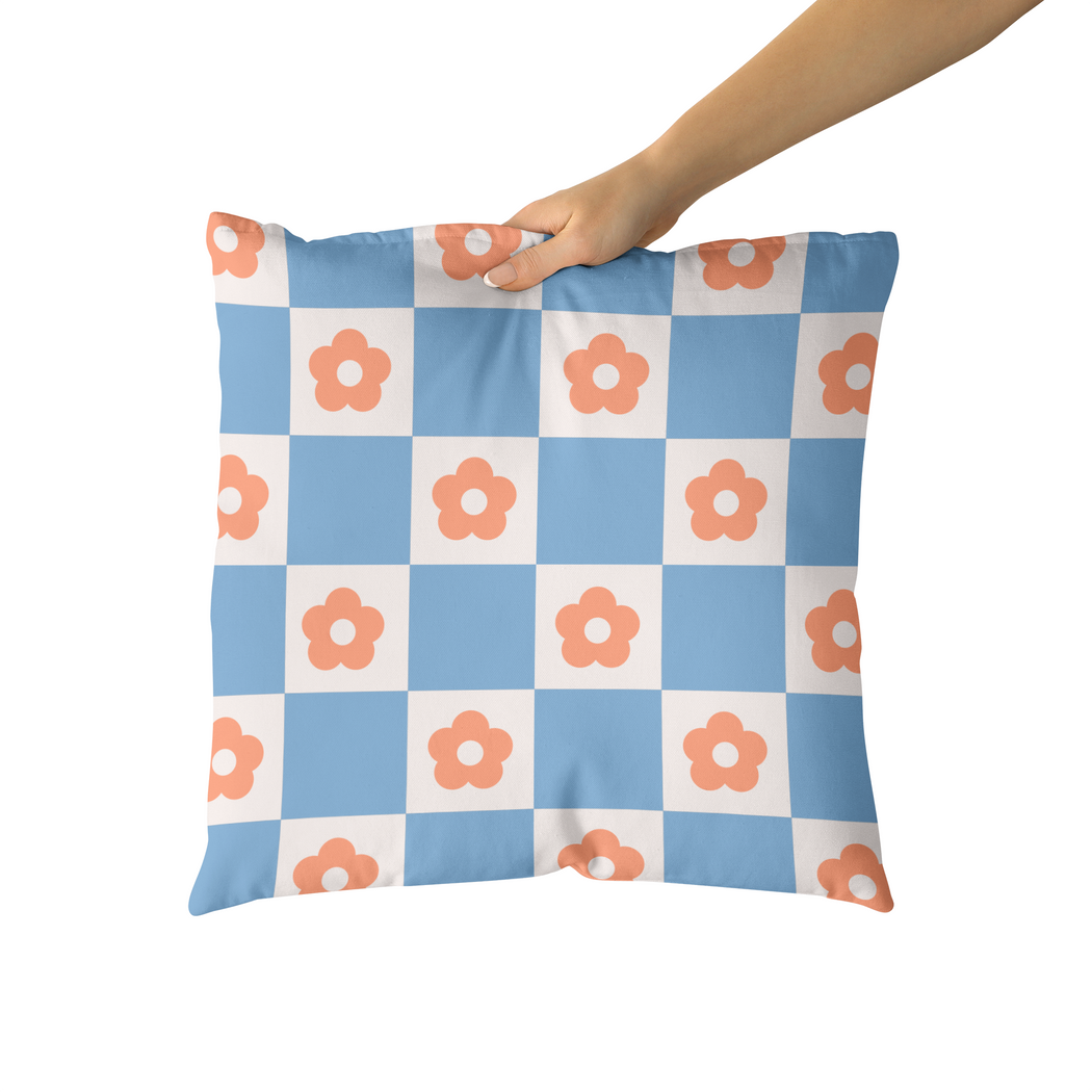 Blue Checkboard with Flowers Retro Throw Pillow
