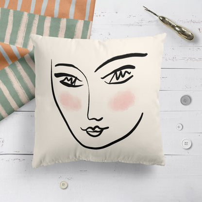 Beige Throw Pillow with Line Art Woman Face