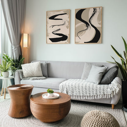 Set of 2 Swirl Black Brushstrokes Art Posters