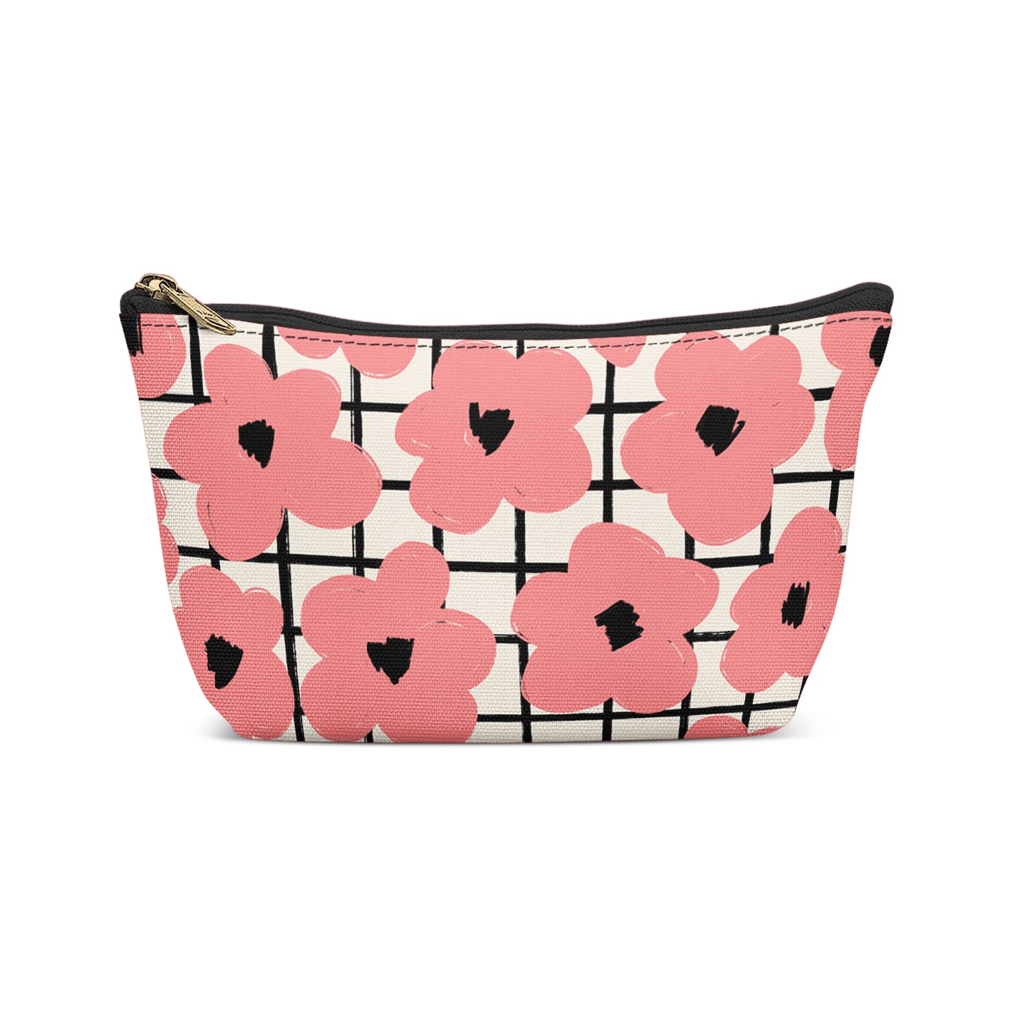 Pink Flowers on Checkboard Makeup Bag