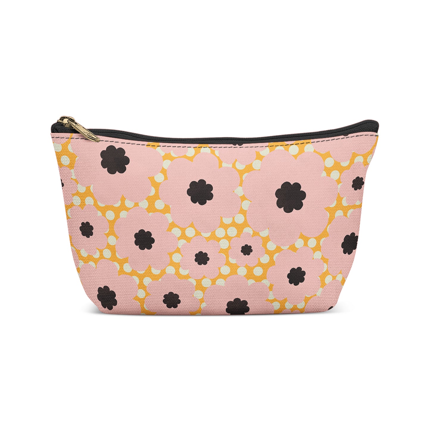 Yellow Pink Flowers with Dots Makeup Bag