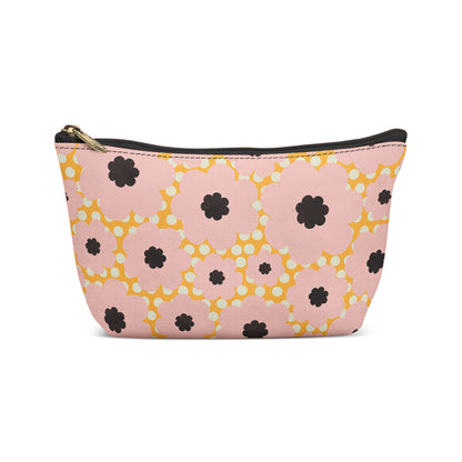 Yellow Pink Flowers with Dots Makeup Bag