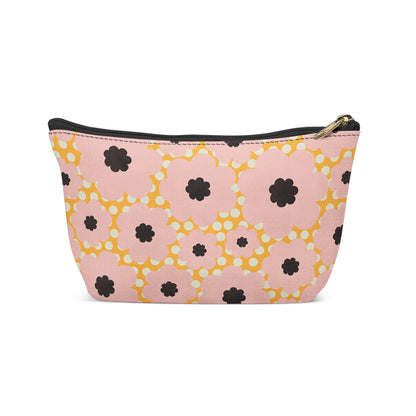 Yellow Pink Flowers with Dots Makeup Bag