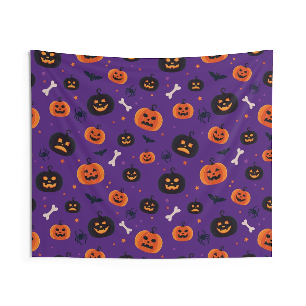 Wall Tapestry with pumpkins, spooky jack-o-lantern, spiders and bats