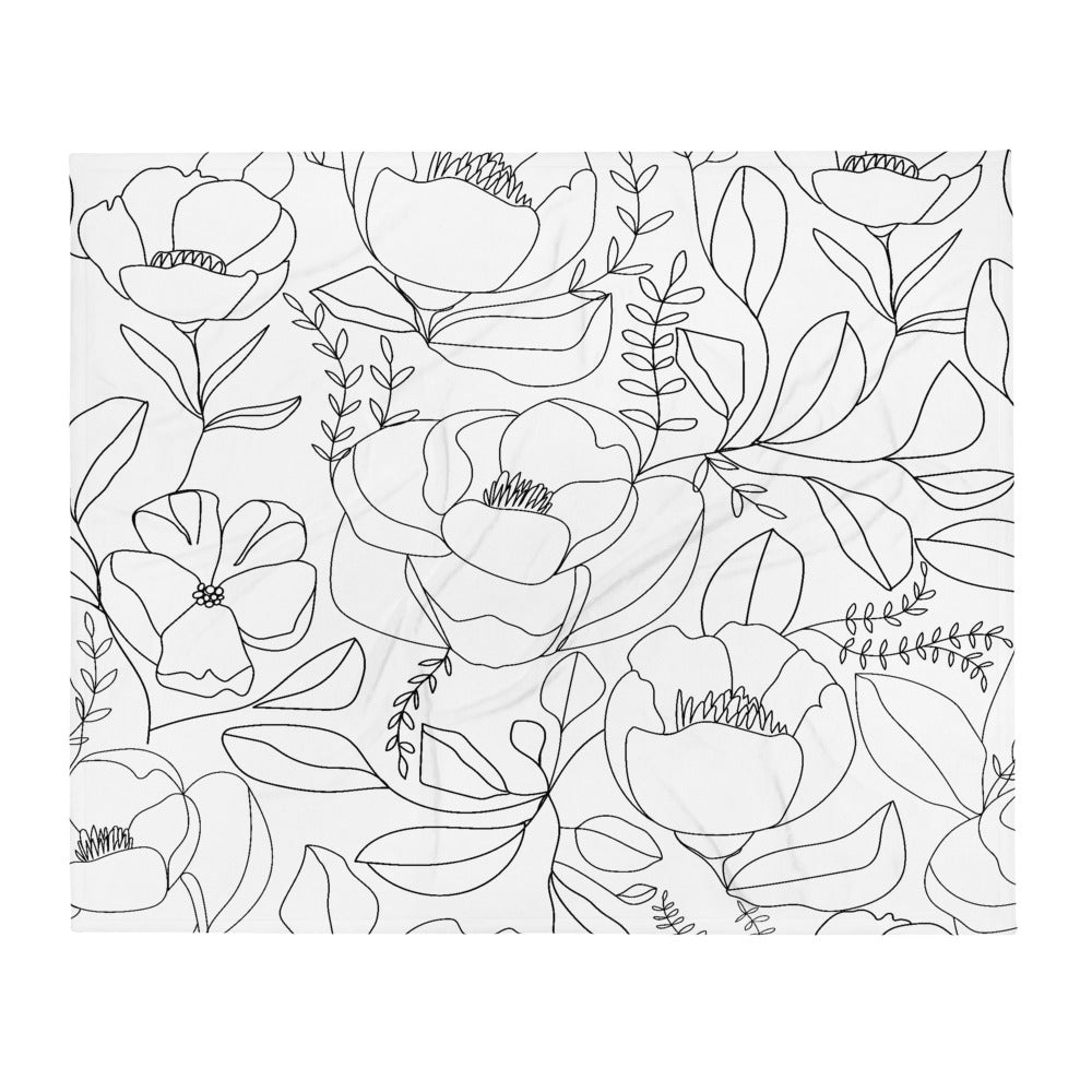 Throw Blanket with Floral Line Art